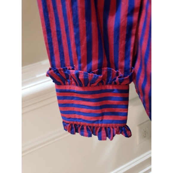 J. Crew Red & Blue Striped Long Sleeve Ruffle Trim Tuxedo Top Blouse XS - Picture 12 of 16